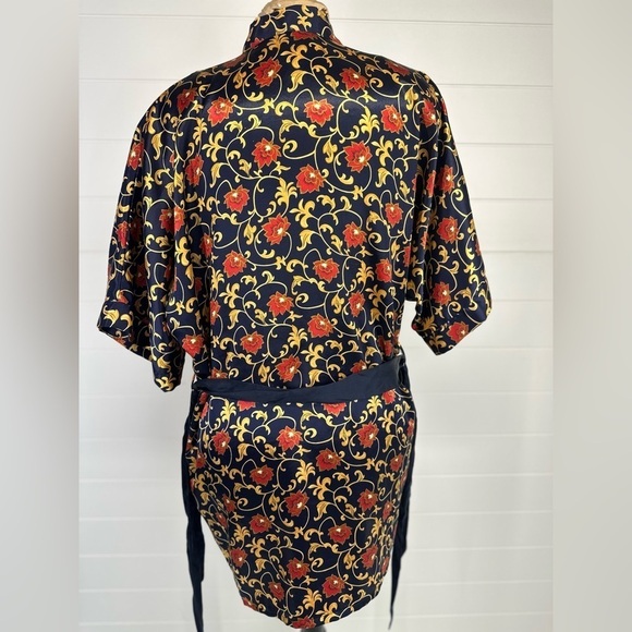 Vintage Fredericks of Hollywood Navy Blue Gold red Floral Satin short Robe Sz L - Picture 4 of 8